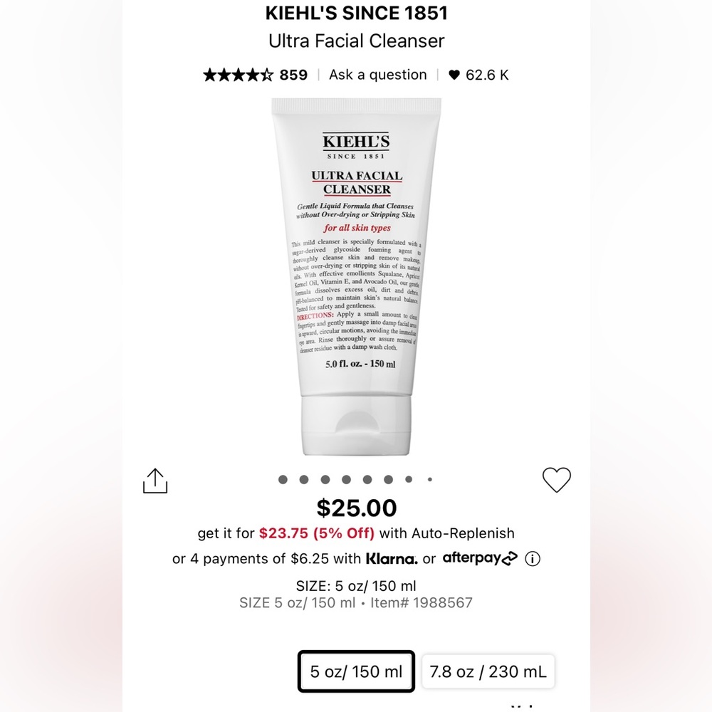 Kiehl’s ultra facial cleanser 1.0 fl.Oz.